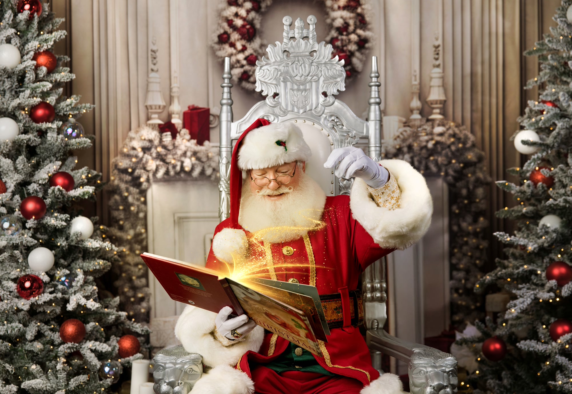 Santa reading a magical book in the White Magical Home scene